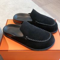 Hermes Johan Mules Unisex Suede In Black