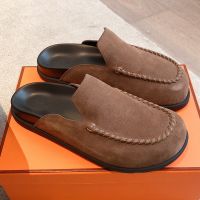Hermes Johan Mules Unisex Suede In Dark Brown