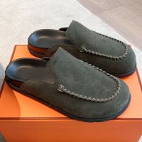 Hermes Johan Mules Unisex Suede In Green