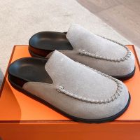 Hermes Johan Mules Unisex Suede In Grey