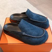 Hermes Johan Mules Unisex Suede In Navy Blue