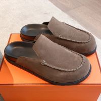 Hermes Johan Mules Unisex Suede In Taupe