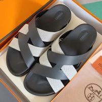 Hermes Kazimir Slides Unisex Calfskin and Canvas In Black/White