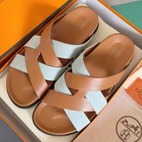 Hermes Kazimir Slides Unisex Calfskin and Denim In Brown/Light Blue