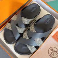 Hermes Kazimir Slides Unisex Calfskin and Stripe Ribbon In Black/White