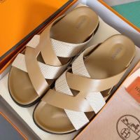 Hermes Kazimir Slides Unisex Calfskin and Stripe Ribbon In Brown/White