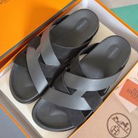 Hermes Kazimir Slides Unisex Calfskin and Suede In Black