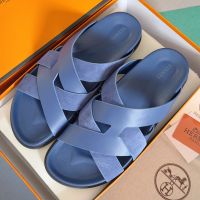 Hermes Kazimir Slides Unisex Calfskin and Suede In Blue