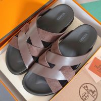 Hermes Kazimir Slides Unisex Calfskin and Suede In Coffee