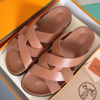 Hermes Kazimir Slides Unisex Calfskin and Suede In Light Brown