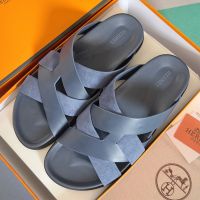 Hermes Kazimir Slides Unisex Calfskin and Suede In Navy Blue