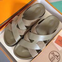 Hermes Kazimir Slides Unisex Calfskin and Suede In Olive