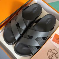 Hermes Kazimir Slides Unisex Woven Ribbon and Calfskin In Black