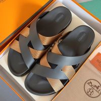Hermes Kazimir Slides Unisex Woven Ribbon and Calfskin In Black/Brown
