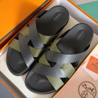 Hermes Kazimir Slides Unisex Woven Ribbon and Calfskin In Black/Green