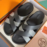 Hermes Kazimir Slides Unisex Woven Ribbon and Calfskin In Black/Grey
