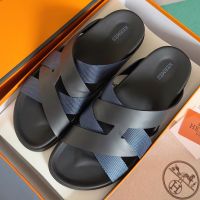 Hermes Kazimir Slides Unisex Woven Ribbon and Calfskin In Black/Navy Blue