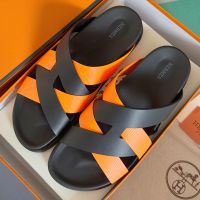 Hermes Kazimir Slides Unisex Woven Ribbon and Calfskin In Black/Orange