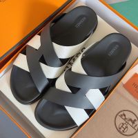 Hermes Kazimir Slides Unisex Woven Ribbon and Calfskin In Black/White