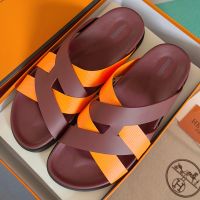 Hermes Kazimir Slides Unisex Woven Ribbon and Calfskin In Burgundy/Orange