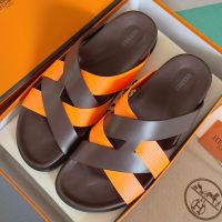 Hermes Kazimir Slides Unisex Woven Ribbon and Calfskin In Coffee/Orange