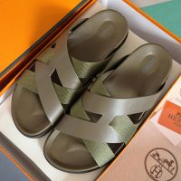 Hermes Kazimir Slides Unisex Woven Ribbon and Calfskin In Green