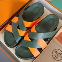 Hermes Kazimir Slides Unisex Woven Ribbon and Calfskin In Green/Orange