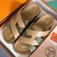 Hermes Kazimir Slides Unisex Woven Ribbon and Calfskin In Khaki/Green