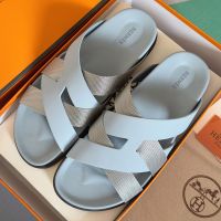 Hermes Kazimir Slides Unisex Woven Ribbon and Calfskin In Light Blue/Grey