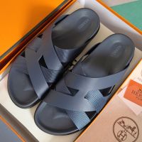 Hermes Kazimir Slides Unisex Woven Ribbon and Calfskin In Navy Blue