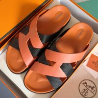 Hermes Kazimir Slides Unisex Woven Ribbon and Calfskin In Orange/Black