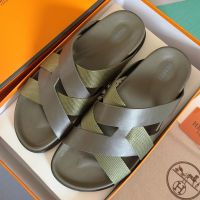 Hermes Kazimir Slides Unisex Woven Ribbon and Calfskin In Taupe/Green