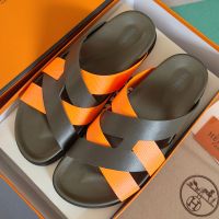 Hermes Kazimir Slides Unisex Woven Ribbon and Calfskin In Taupe/Orange