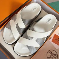 Hermes Kazimir Slides Unisex Woven Ribbon and Calfskin In White/Grey