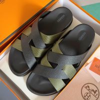 Hermes Kazimir Slides Unisex Woven Ribbon and Epsom Calfskin In Black/Green