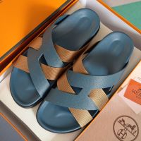 Hermes Kazimir Slides Unisex Woven Ribbon and Epsom Calfskin In Blue/Brown