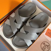 Hermes Kazimir Slides Unisex Woven Ribbon and Epsom Calfskin In Grey