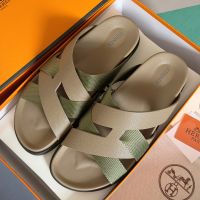 Hermes Kazimir Slides Unisex Woven Ribbon and Epsom Calfskin In Olive