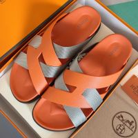 Hermes Kazimir Slides Unisex Woven Ribbon and Epsom Calfskin In Orange/Grey