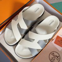 Hermes Kazimir Slides Unisex Woven Ribbon and Epsom Calfskin In White/Grey
