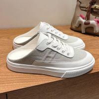 Hermes Keep Mules Unisex Calfskin and Canvas In White/Grey