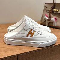 Hermes Keep Mules Unisex Calfskin In White/Brown