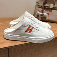 Hermes Keep Mules Unisex Calfskin In White/Orange