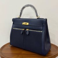 Hermes Kelly Lakis 32 Bag Canvas and Swift Leather Gold/Palladium Hardware Navy Blue