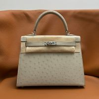 Hermes Kelly Bag Ostrich Leather Palladium Hardware In Beige
