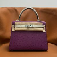 Hermes Kelly Bag Ostrich Leather Palladium Hardware In Purple/White