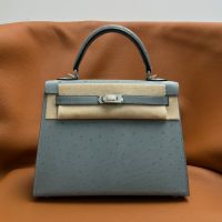 Hermes Kelly Bag Ostrich Leather Palladium Hardware In Sky Blue