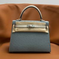Hermes Kelly Bag Ostrich Leather Palladium Hardware In Sky Blue/White