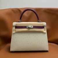 Hermes Kelly Bag Ostrich Leather Palladium Hardware In White/Purple