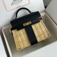 Hermes Kelly Picnic Mini Bag Wicker and Swift Leather Gold/Palladium Hardware In Black
